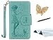 Produktbild Google Pixel Handyhülle,Google Pixel Hülle,TOUCASA® Brieftasche flip ledercase magnet leder klappbar Hülle etui tasche 360 grad Karte Halterung Kartenfächer extra Dünn Klapphülle [9 Karte Halterung Große Kapazität Brieftasche Design][Mädchen Frau Kat Blume] für Google Pixel-Grün + Gratis Touch Stylus Pen & Staubstecker