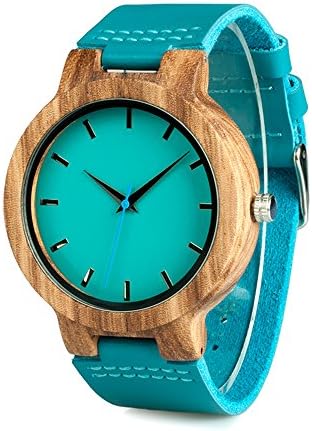 CozofLuv WC28 Blue Leather Band Antique Lovers Wood Watches With Blue Dial Zebra Wooden Watch in Gift Box (Women Size)