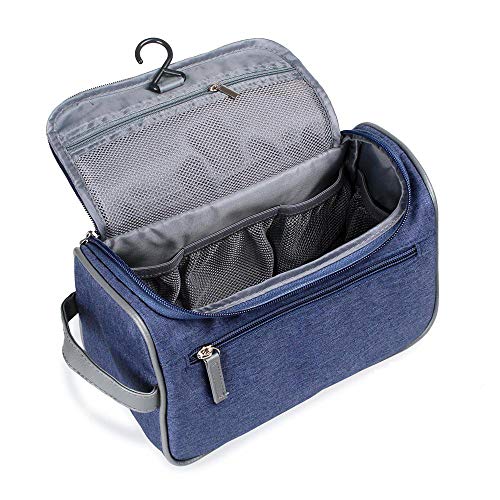 Bolsa de aseo para colgar, Jiemei Bolsa de aseo de viajepara hombres y mujeres, cremallera de alta calidad, 2 paquetes de perchas portátiles de regalo (Azul oscuro)