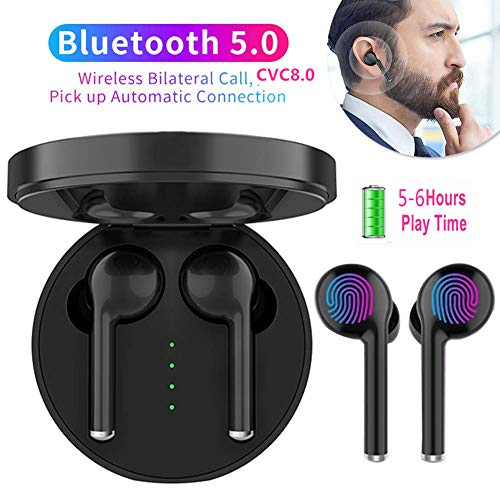 Nuevo Versión Auriculares Inalambricos Bluetooth 5.0, Auriculares BluetoothTouch Control CVC8.0 Hi-Fi TWS, 5 H Autonomía,Auriculares con Micrófonos Dual para iPhone Android (Bluetooth 5.0 Negro)