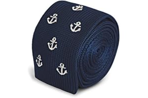 Frederick Thomas Navy Blue Knitted Skinny Tie with White Anchor Design, 5cm Wide and 147cm Long, Wool Slim Fit Necktie for Nautical Style, Office, Weddings and Formal Wear