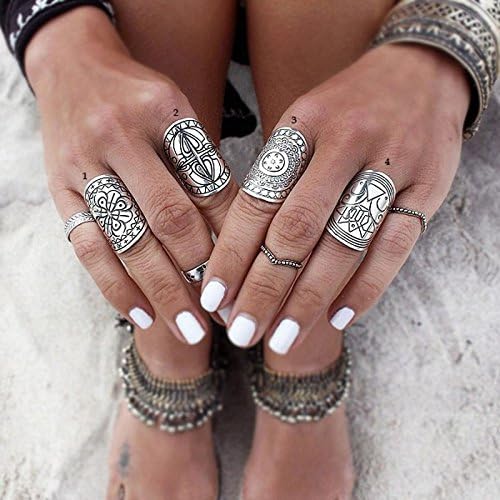 FinDox(TM) Bohemia Vintage Jewelry Unique Carving Tibetan Silver Plated Ring Set for Woman 4PCS/Set Punk Ring Sets Silver Jewelry
