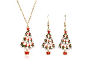fdsmall Ensemble de boucles d'oreilles et collier en forme de sapin de Noël, boucles d'oreilles colorées à l'huile pour sapin de Noël, bijoux de Noël pour fête de Noël, mariage, taille unique, Métal,