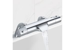 Solepearl Mitigeur Monté sur Baignoire Thermostatique Bec Cascade, Mitigeur Bain Douche Thermostatique avec 2 Sorties d'eau, Bouton Sécurisé à 38°C, Robinet Baignoire Douche en Laiton, 180mm