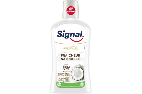 SIGNAL - Bain de Bouche Intégral 8 Fraicheur Naturelle - Infusé aux extraits de coco - Enrichi en Zince Minéral pour une éfficacité antibactérienne pendant 18h - Sans Alcool - 500ml