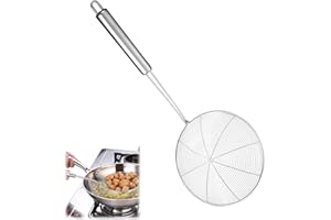 AYEUPZ Colador grande de acero inoxidable de 37,5 cm, colador con mango de gancho, filtro de cuchara de tela de araña, cuchara, se utiliza para cocinar, freír, lavable en lavavajillas