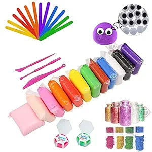 Firstly Traders 12 Pcs Art Air Dry Clay+ Ice Cream Sticks+ 2 Neon Eraser+ Googly Eyes+ Glitter, Modeling Soft Clay with Tools, Craft Materials for 5-8 Years Old, 10-12 Years Old Kids Boys Girls Gift