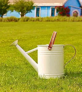 WEQUALITY Watering Can for Outdoor&Indoor?Metal Plant Watering Can with Copper Accents?1 Gallon Galvanized Steel Gardening Tool?White Color