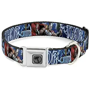 Buckle-Down Dog Collar Seatbelt Buckle Avengers Thor Hammer Action Pose Galaxy Blues White 13 to 18 Inches 1.5 Inch Wide, Multicolor, DC-WTH023-WS