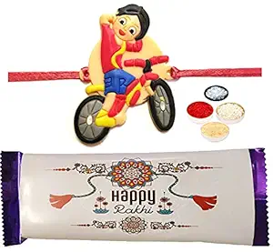 Cartoon Shiva Rakhi Gift for Kids with Chocolate Dairy Milk Theme, Tikka with Personal Message & Roli Chandan Chawal Mishri Pack for Little Small Bhai Bhaiya Brother
