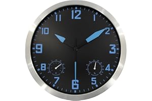 TIMELIKE Metal Quartz Wall Clock,14 Inch Modern Silent Non-ticking Wall Clocks with Thermometer Measures Temperature Humidity for Kitchen,Living Room Bedrooms Office (Blue+Black)