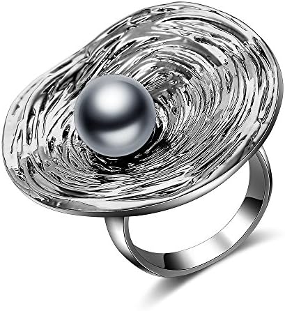 Mytys Retro Silver Color Big Geometic Cocktail ring with Black Smooth Pearl Fashion Chunky Rings for Women Man (P)