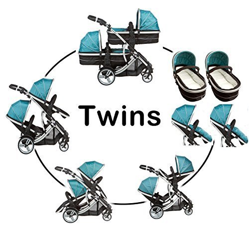 Duellette 21 Combo Twin Tandem Pushchair Baby Newborn carrycots Pram Travel system Tandem stroller buggy: 2 Pramette/seat units, 2 footmuffs 2 Rain covers, Teal mist by Kidz Kargo