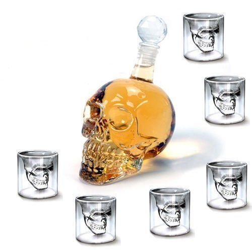 HOMFA 350ML Bouteille de Vin avec 6 Verres de Whisky Vodka en Forme de Crâne de Mort