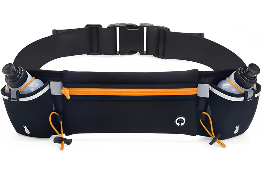 Running Belt with Water Bottles(2x180ML) Fathers Day Dad Gifts Adjustable Hydration Waist Pack Bag,Waterproof Sports Pouch with Water Bottle Belt for Marathon Running,Hiking,Cycling(Black+Orange)