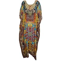 Mogul Interior Womens Caftan Dress Georgette Digital Print V-Neck Beach Cover Up OneSize