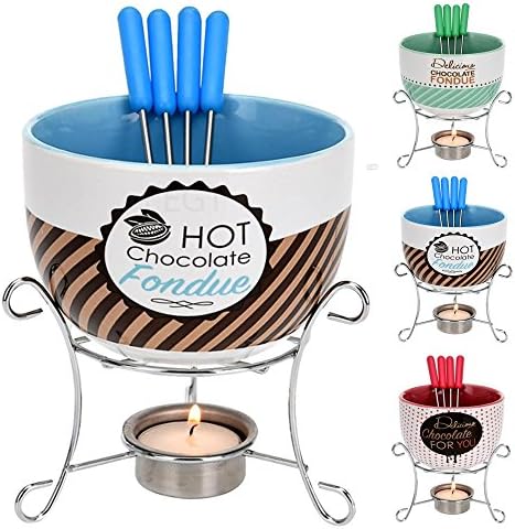 Ceramic Chocolate or Cheese Fondue Set - with 4 Stainless Steel Skewers (Red)