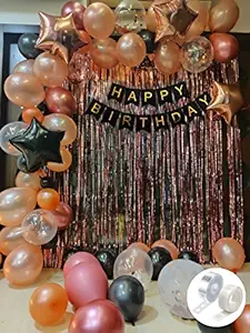 Party Propz Rubber Rose Gold Birthday Decorations Combo Black Banner With Confetti Balloons, Star Foil Balloons, Foil Curtain for 1st 18th 21st 25th 50th 60th 30th Decorations - Set of 68