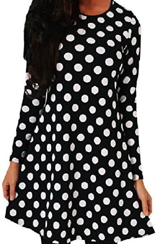 New Womens Ladies Printed Long Sleeve Swing Skater Dress Plus Size 8-26 (M/L(12-14), Polka Dot)