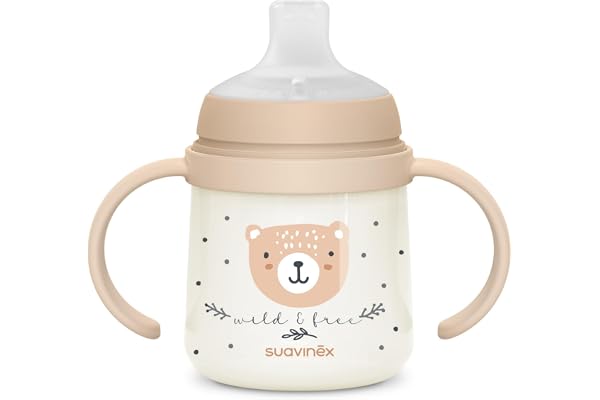 Suavinex, Tasse Apprentissage Bébé, Biberon avec Poignée, Brillent dans le Noir, Gobelet avec Bec Anti-fuites en Silicone, avec Valve Anti-Colique, pour Bébés +6 Mois, Idéal Nuit, 150 ml, Beige