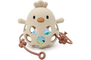 M MARIE MADELEINE EMPORIUM Marie Madeleine Pollito Sonajero y Mordedor Bebe de Silicona, Juguete Mordedor para Bebé, Sonajero de Silicona para Bebe 0-3 meses, Juguetes bebes 6-12 meses, Teether Baby (Beige con bolita y correa)