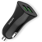 Philips 12W Dual USB-A Port Car Charger Adapter, 5V 2.4A Output, 12-24V Input, Compact Design, Overheating and Charging Protected