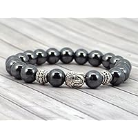 Armband für Männer, ethnischer Zen Thurcolas in schwarz Hämatit Perlen Buddha-Kopf