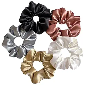 Silvr Bear Luxury Satin Scrunchies for Women/Girls SAME 5 COLORS AS PIC | Anti-Hair-Breakage, Hair Ties, Scrunchies Set for Girls, Women, Best Gift for Sister, Friend, Mom | Classic Shades