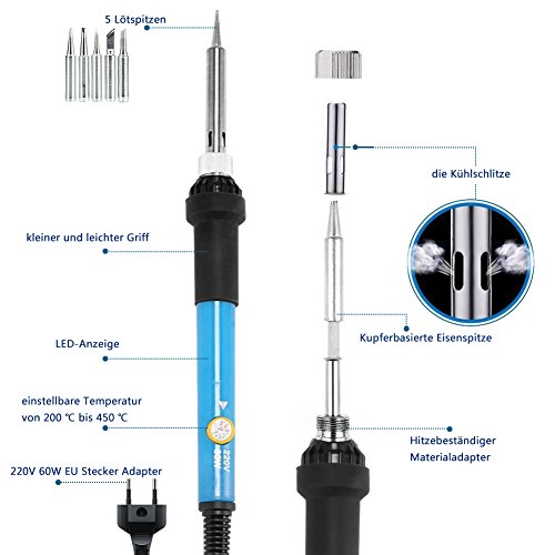 KYG Lötkolben Set 18er Elektro Lötset 60W 220V einstellbare Temperatur Schweißen 200-450 ℃ mit Lötspitzen Entlötpumpe usw. - 2
