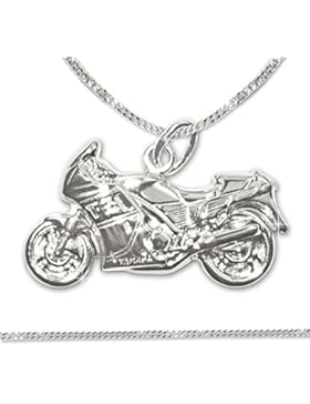 CLEVER SCHMUCK-SET Silberner Anhänger Motorrad beidseitig plastisch glänzend und Kette Panzer 45 cm STERLING SILBER...