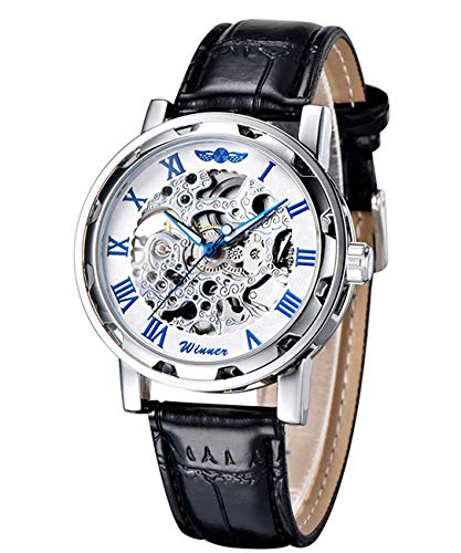 Reloj de pulsera GuTe Classic mecánico y automático, de estilo steampunk, con estructura plateada y engranaje al descubierto, color azul, unisex.