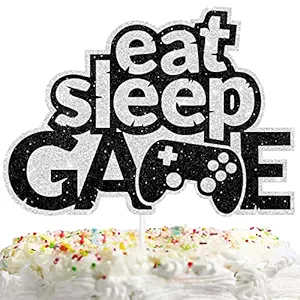 FestikoEat Sleep Video Game Controllers Cake Topper White Black Young Lazy People Theme Decorations Boys Girls Happy Birthday Party Decor Supplies