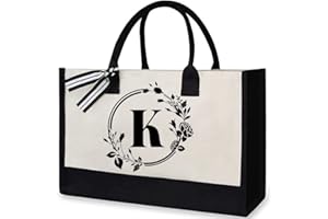 Fiorky 2022 Canvas Handtasche für Damen, A-Z Buchstabe Blumen gedruckt Hit Farbe tragbare Strand Schulter Einkaufstasche