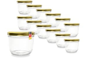 FLASCHENBAUER.DE Flaschenbauer 12er Set Premium Sturzgläser 230 ml – Vielseitige Marmeladengläser & Einmachgläser mit farbigem Twist-Off-Deckel, inklusive Etiketten (Gold)