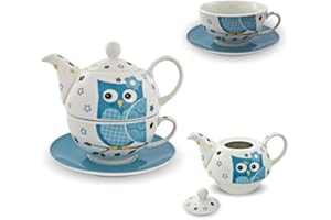 G. WURM GMBH + CO. KG Set da tè in porcellana, per una persona, servizio da tè con motivo gufo, colore blu bianco con teiera, tazza, sottobicchiere.