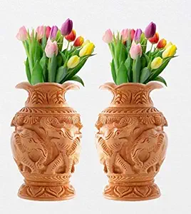 Varuna Arts Wooden Handmade Shikar Antique Flower Vase/Pot Set of 2 for Home Decoration Wooden Vase