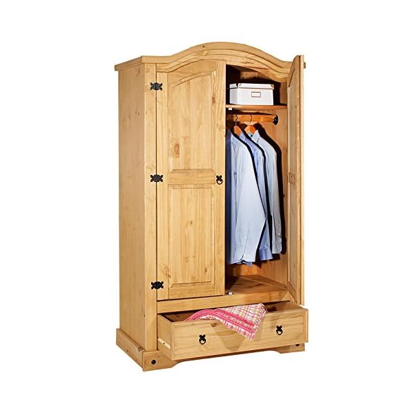 Kleiderschrank Salsa Garderobenschrank Mexiko Möbel Kiefer massiv, gebeizt/gewachst, 2 Türen und 1 Schublade – Bild 3