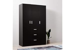 PANANA Wooden 3 Doors 3 Drawers Wardrobes with Hanging Rail and Storage Shelves Modern Large Clothes Cupboards Unit for Bedroom Furniture (Black)