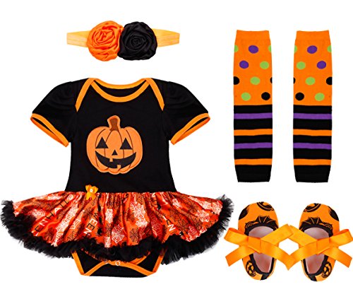iiniim 4pcs Infant Baby Girls Headband Romper Dress Leg Warmers Shoes Outfits (9-12 Months, Orange Pumpkin)