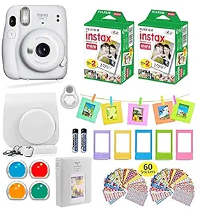 Fujifilm Instax Mini 11 Instant Camera + Shutter Compatible Carrying Case + Fuji Film Value Pack (40 Sheets) + Shutter Accessories Bundle, Color Filters, Photo Album, Assorted Frames (Ice White)