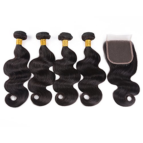 10A Brazilian Virgin Hair Body Wave Bundles with Closure Natural Black Body Wave 200 Grams 4 Bundles with 32 Grams 4x4 Lace Closure 14 16 18 20+14 Inches