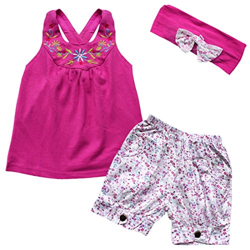 TiaoBug Baby Girls Outfits Embroideries Vest Top Flower Shorts with Headband Costume Clothes Set 9-12 Months Fuchsia