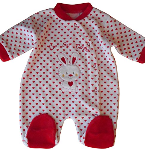 Newborn nb months - Baby Girls Sleepsuit Sleeper - Gorgeous Velour White and Red Love Hearts & Bunny Rabbit Onesie