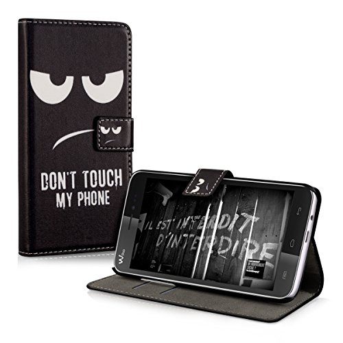 kwmobile HÃ¼lle fÃ¼r Wiko Lenny - Wallet Case Handy SchutzhÃ¼lle Kunstleder - Handycover KlapphÃ¼lle mit Kartenfach und StÃ¤nder Don't touch my Phone Design WeiÃŸ Schwarz