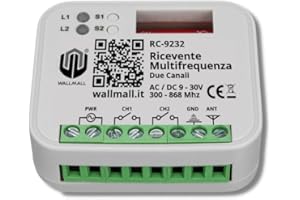 WALLMALL RICEVENTE CANCELLO MULTIFREQUENZA UNIVERSALE BASCULANTE GARAGE SERRANDE LUCI A 2 CANALI DA 7A SUPPORTA OLTRE 250 AUTOMAZIONI ALIMENTAZIONE DA 12 A 30V AC/DC