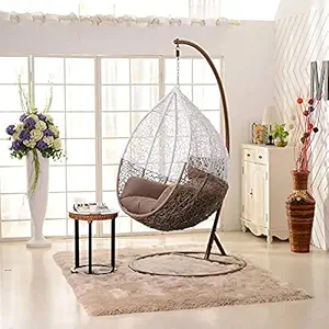 JDS Kart Single Seater Heavy Iron Hanging Hammock Swing with Soft Deep Cushion Backyard Relax for Indoor, Outdoor, Balcony, Deck, Patio, Home & Garden (White+Brown Swing with Brown Cushion)