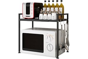 BRAVECOW Microwave Shelf Stand Expandable Oven Rack Storage Kitchen Organizer Counter Cabinet Holder Adjustable Width Height with 4 Hooks (1-Tier)
