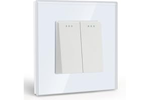 BSEED Interruptor de luz 2 Gang 1 Vía,interruptor pared con marco de cristal,10 Amp Blanco Interruptor de luz de botón pulsador,Interruptor de palanca 86mm