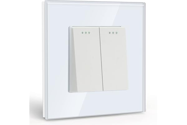 BSEED Interruptor de luz 2 Gang 1 Vía,interruptor pared con marco de cristal,10 Amp Blanco Interruptor de luz de botón pulsador,Interruptor de palanca 86mm