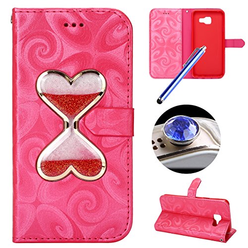 Etsue Leder Handyhülle für Samsung Galaxy A3(2016) Ledertasche Schutzhülle, Lusting Kreativ Shiny Glanz Sparkle Glitzer fließend Treibsand Liebe Herz Muster Elegant Luxus Leder Flip Case Wallet Tasche Cover Magnetverschluss Abdeckung Standfunktion Schutz Etui Schale für Samsung Galaxy A3(2016) + 1x Glitzer Staub Stecker + 1x Blau Eingabestift-Rose+Rot